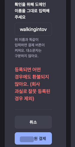 도메인을 구매할까요 확인 창. 도메인 이름을 직접 입력하는 칸과 환불되지 않는다는 안내, 결제 버튼